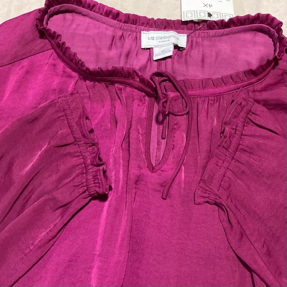 Liz Claiborne Raspberry‎ Pink Long Sleeve Tie Front Blouse | Silky & Flowy - Picture 7 of 8